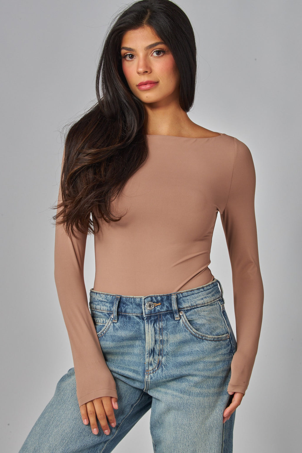 CONTOUR BOATNECK LS BODYSUUT--L TAUPE