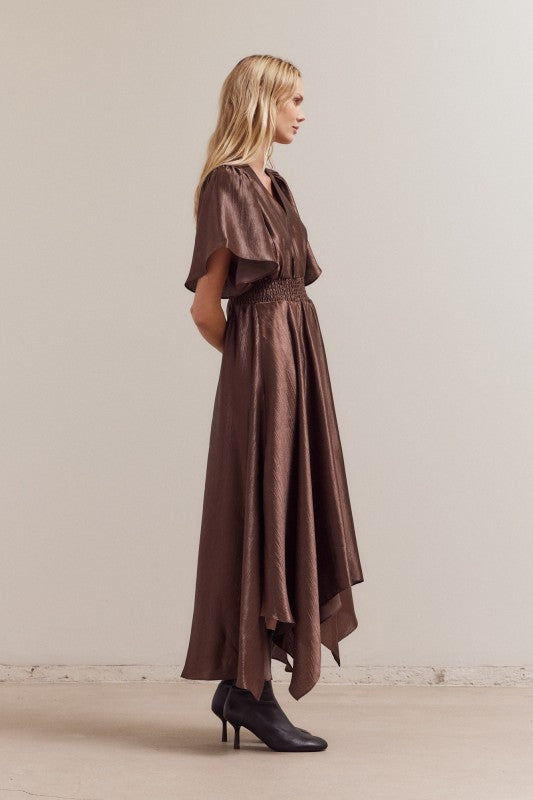 UNBALANCED TEXTURED SATIN DRESS--DK. CHOCOLATE