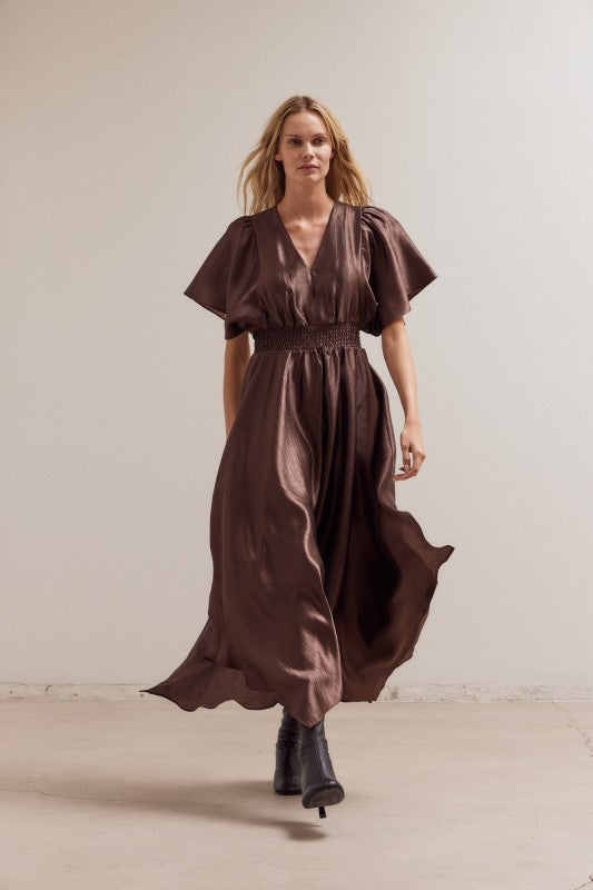 UNBALANCED TEXTURED SATIN DRESS--DK. CHOCOLATE