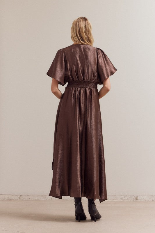 UNBALANCED TEXTURED SATIN DRESS--DK. CHOCOLATE