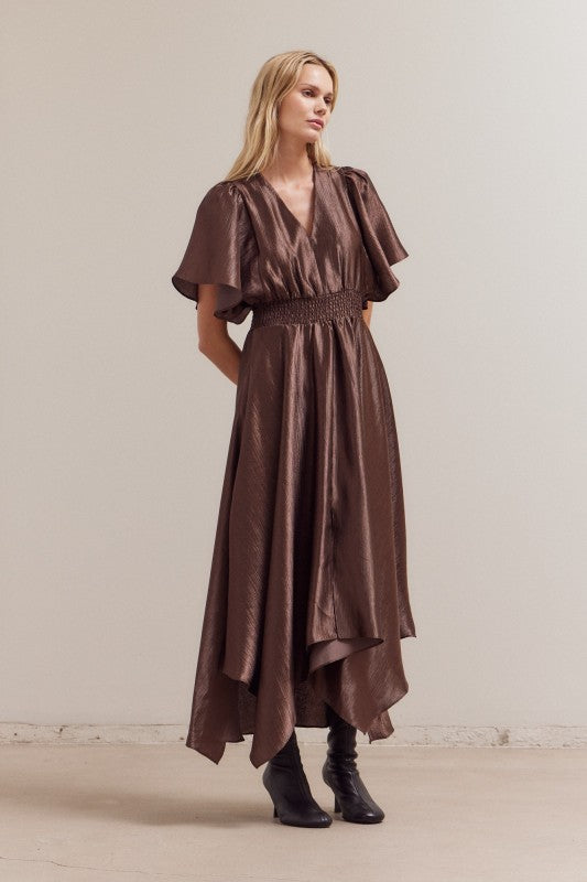 UNBALANCED TEXTURED SATIN DRESS--DK. CHOCOLATE