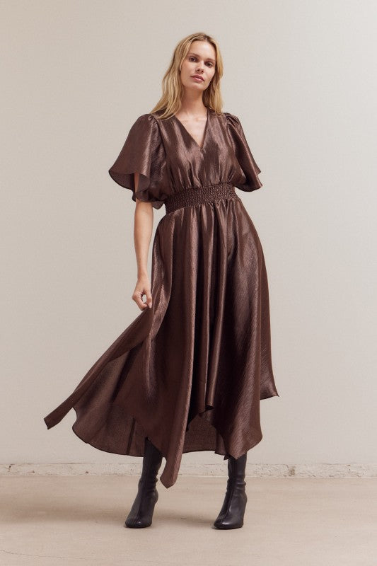 UNBALANCED TEXTURED SATIN DRESS--DK. CHOCOLATE