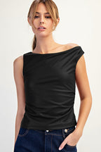 ASYMMETRIC SHOULDER FAUX LEATHER TOP--BLACK