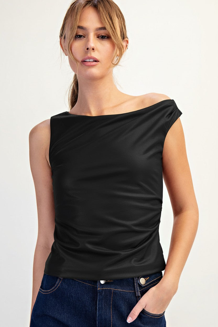 ASYMMETRIC SHOULDER FAUX LEATHER TOP--BLACK