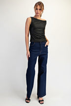 ASYMMETRIC SHOULDER FAUX LEATHER TOP--BLACK