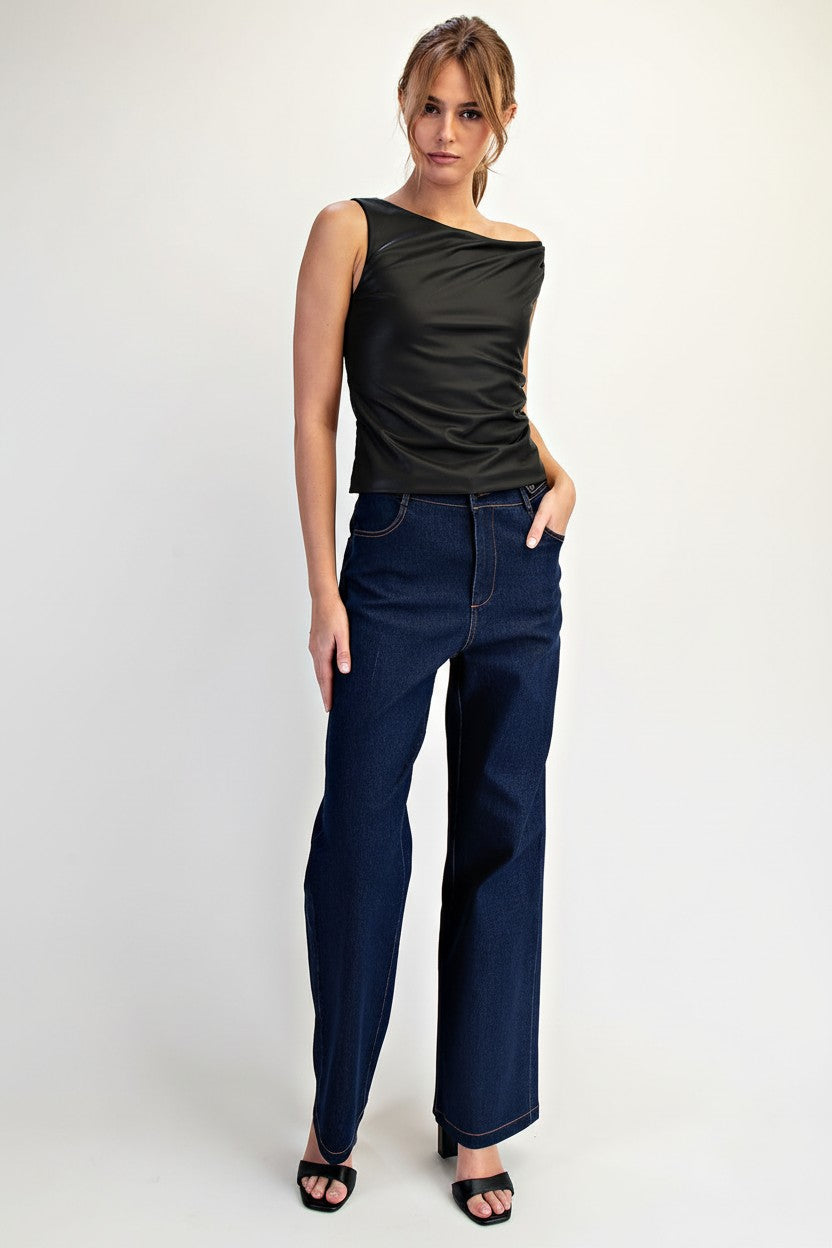 ASYMMETRIC SHOULDER FAUX LEATHER TOP--BLACK
