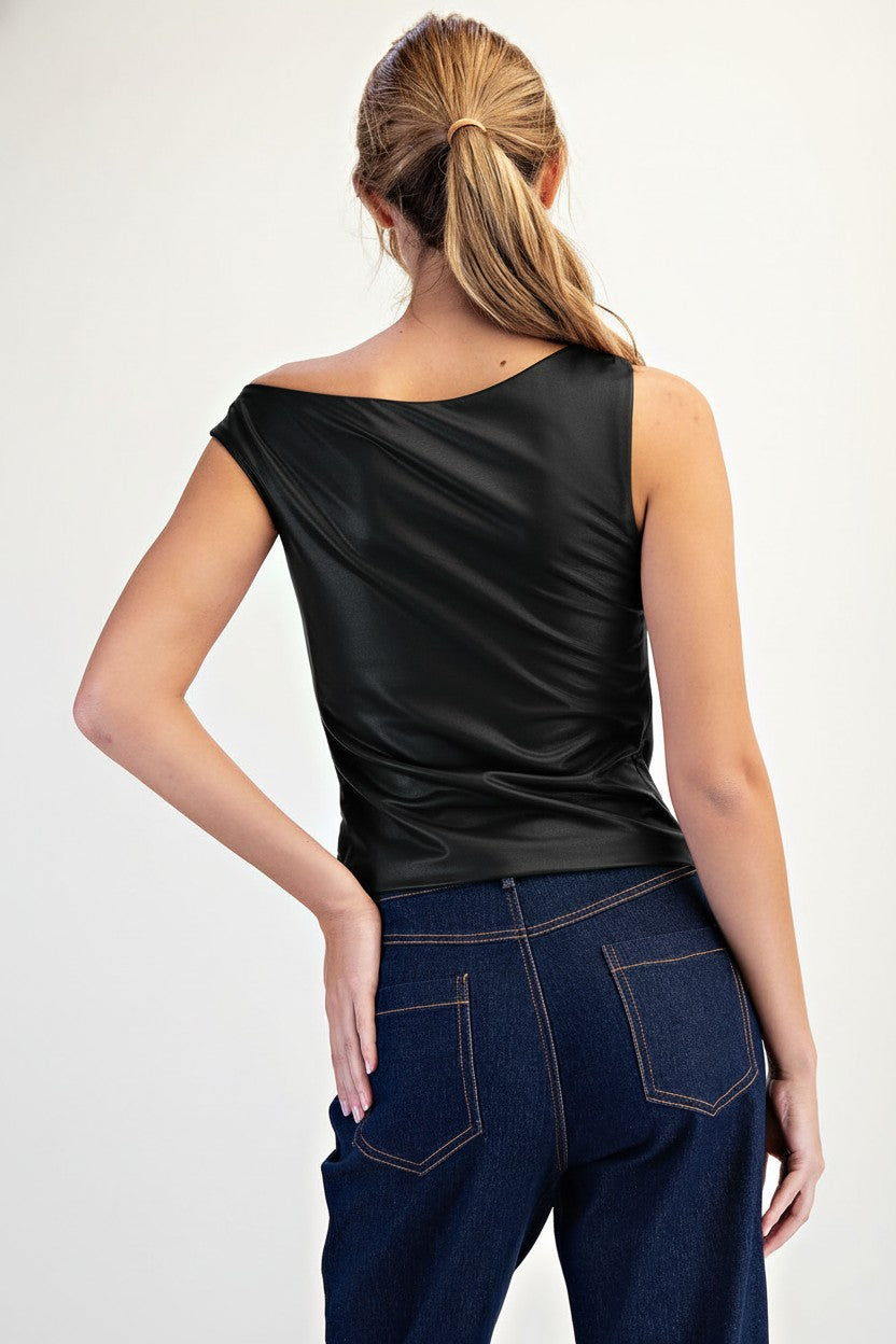 ASYMMETRIC SHOULDER FAUX LEATHER TOP--BLACK