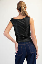 ASYMMETRIC SHOULDER FAUX LEATHER TOP--BLACK