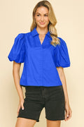 V-NECK BUBBLE SLEEVE TOP--ROYAL BLUE
