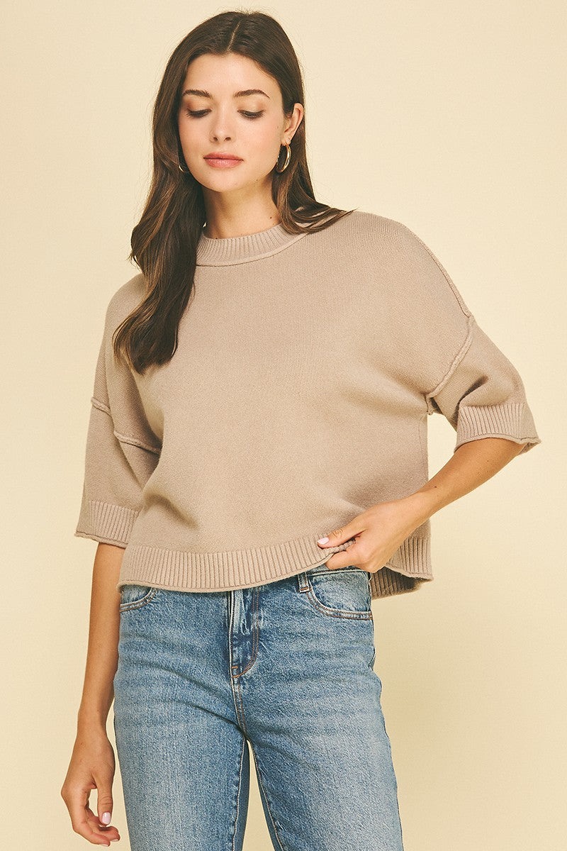 SHORT SLEEVE SWEATER TOP--TAUPE