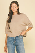 SHORT SLEEVE SWEATER TOP--TAUPE