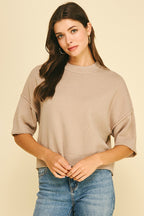 SHORT SLEEVE SWEATER TOP--TAUPE