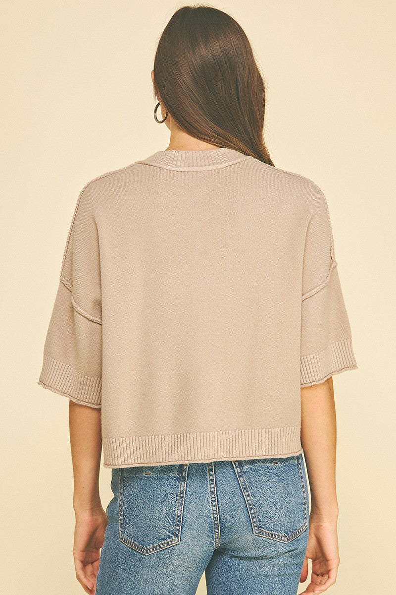 SHORT SLEEVE SWEATER TOP--TAUPE