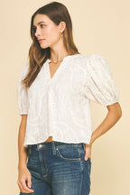 FLORAL EMBROIDERED TOP--WHITE