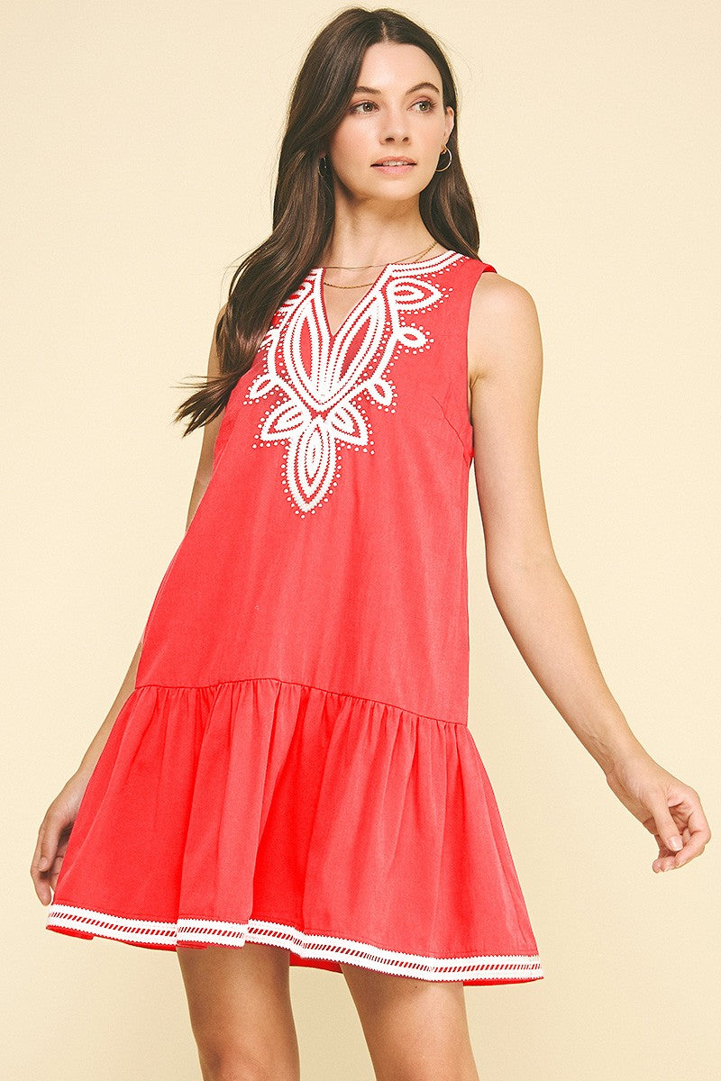 EMBROIDERED SLEEVELESS DRESS--CORAL