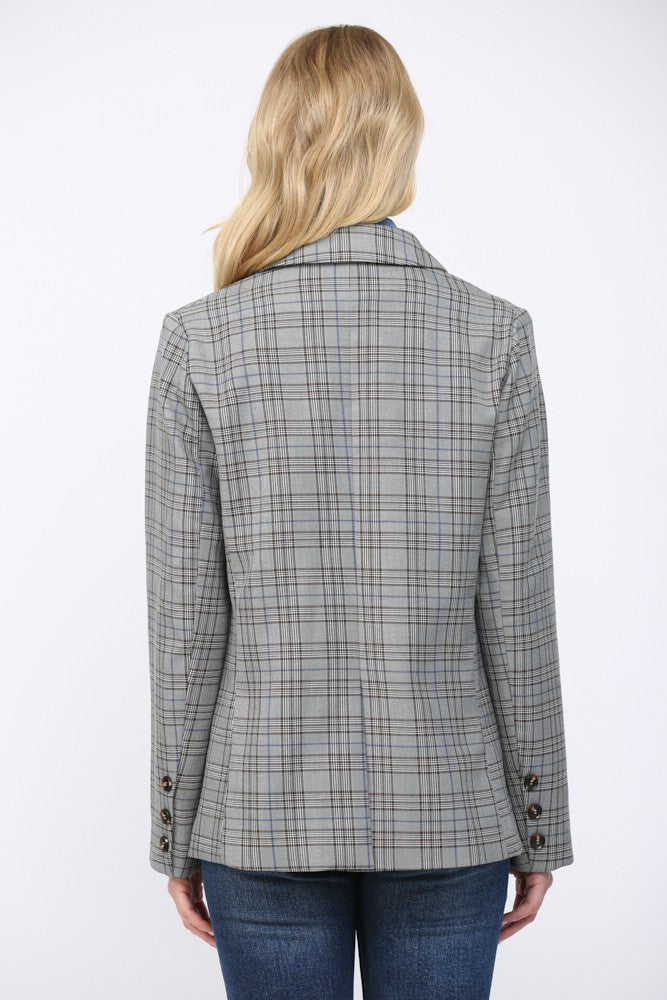 DOUBLE DETAIL DENIM PLAID BLAZER