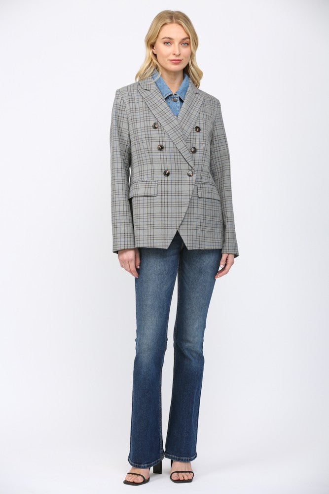 DOUBLE DETAIL DENIM PLAID BLAZER