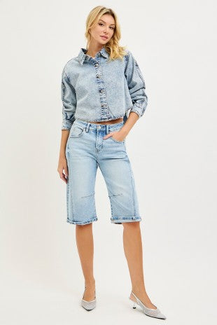 RISEN LIGHTWEIGHT BUTTON DOWN DENIM TOP/JACKET--LIGHT ACID
