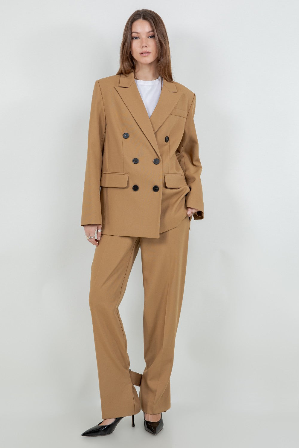WOVEN OVERSIZED DOUBLE BREASTED BLAZER--TAN