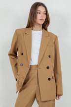 WOVEN OVERSIZED DOUBLE BREASTED BLAZER--TAN