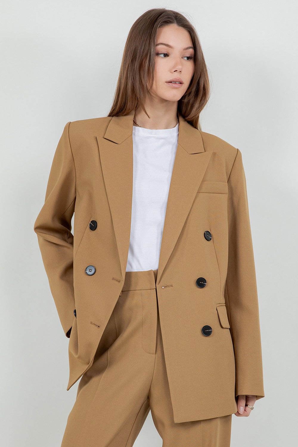 WOVEN OVERSIZED DOUBLE BREASTED BLAZER--TAN