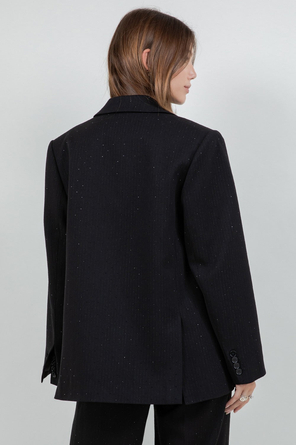 RHINESTONE EMBOSSED PINSTRIPE JACKET BLAZER--BLACK