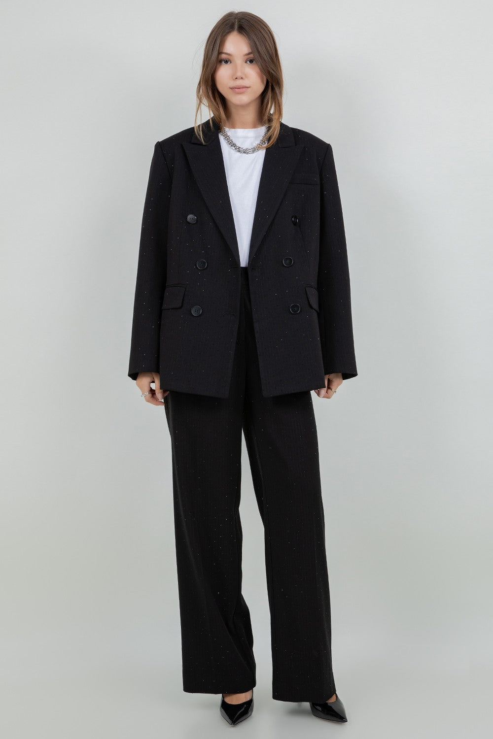 RHINESTONE EMBOSSED PINSTRIPE JACKET BLAZER--BLACK