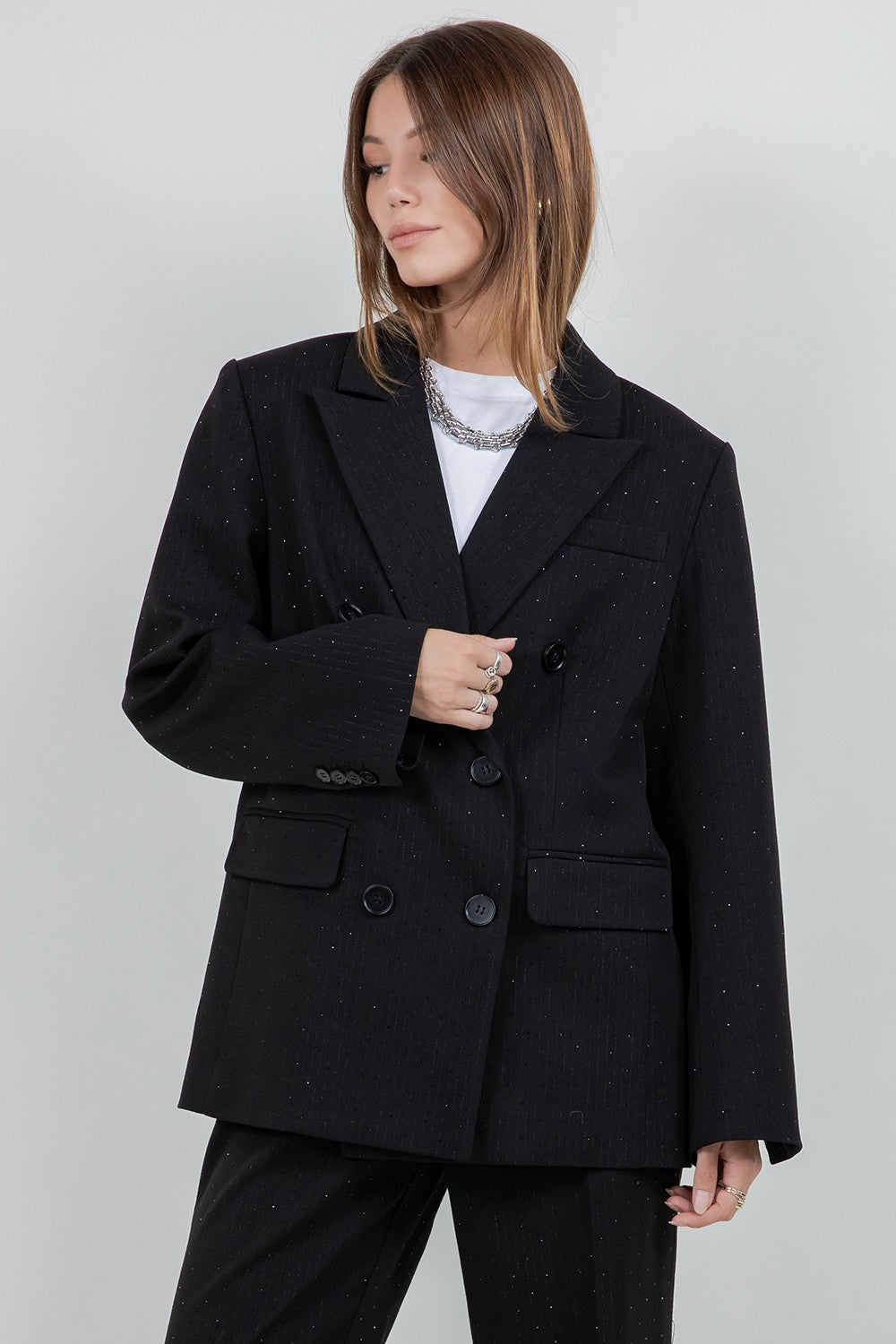 RHINESTONE EMBOSSED PINSTRIPE JACKET BLAZER--BLACK