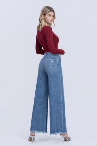 VERVET HIGH RISE FRAYED HEM EXTREME WIDE JEANS WITH PANEL