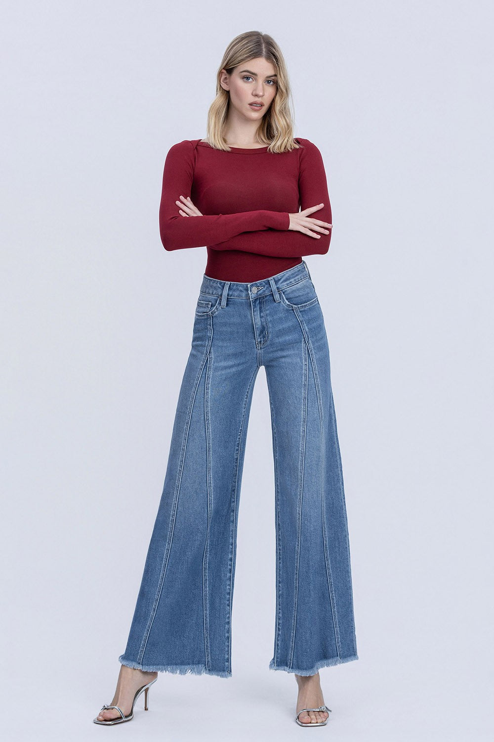 VERVET HIGH RISE FRAYED HEM EXTREME WIDE JEANS WITH PANEL