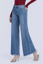 VERVET HIGH RISE FRAYED HEM EXTREME WIDE JEANS WITH PANEL