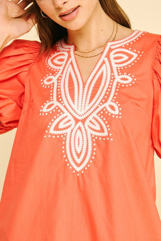 EMBROIDERED DETAIL PUFF SLEEVE DRESS--SUN ORANGE