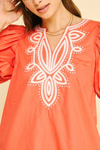 EMBROIDERED DETAIL PUFF SLEEVE DRESS--SUN ORANGE