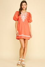EMBROIDERED DETAIL PUFF SLEEVE DRESS--SUN ORANGE