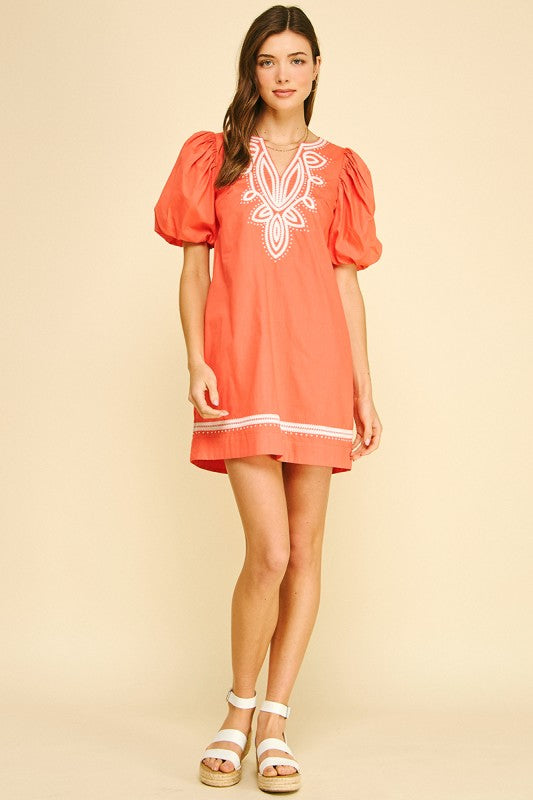 EMBROIDERED DETAIL PUFF SLEEVE DRESS--SUN ORANGE