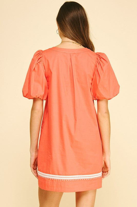 EMBROIDERED DETAIL PUFF SLEEVE DRESS--SUN ORANGE