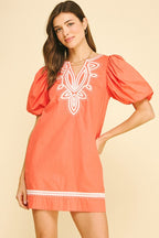 EMBROIDERED DETAIL PUFF SLEEVE DRESS--SUN ORANGE