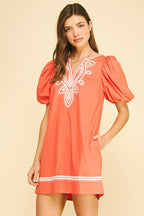 EMBROIDERED DETAIL PUFF SLEEVE DRESS--SUN ORANGE