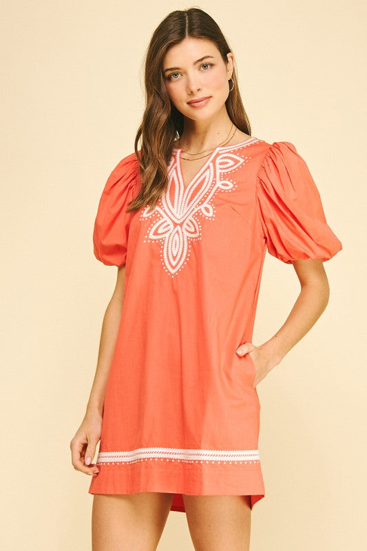 EMBROIDERED DETAIL PUFF SLEEVE DRESS--SUN ORANGE