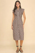 STRIPED CAP SLEEVE BUTTON DOWN MIDI DRESS--BROWN