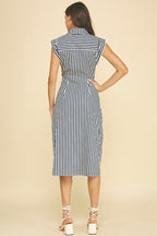 STRIPED BUTTON DOWN MIDI DRESS--NAVY/WHITE
