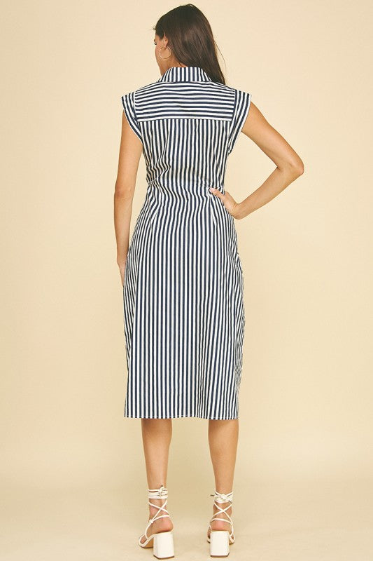 STRIPED BUTTON DOWN MIDI DRESS--NAVY/WHITE