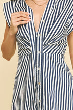 STRIPED BUTTON DOWN MIDI DRESS--NAVY/WHITE