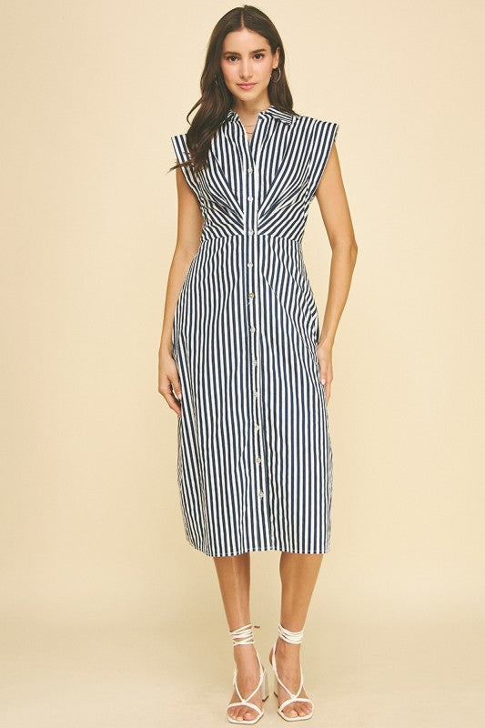 STRIPED BUTTON DOWN MIDI DRESS--NAVY/WHITE