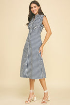 STRIPED BUTTON DOWN MIDI DRESS--NAVY/WHITE