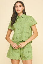 EMBROIDERED DETAIL EYELET SHORTS--GREEN