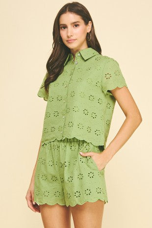 EMBROIDERED DETAIL EYELET BUTTON DOWN TOP--GREEN