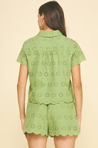 EMBROIDERED DETAIL EYELET BUTTON DOWN TOP--GREEN