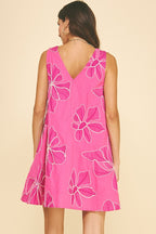 FLORAL EMBROIDERED A-LINE MINI DRESS--HOT PINK