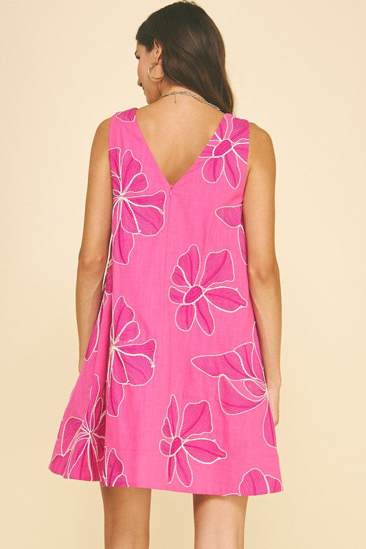 FLORAL EMBROIDERED A-LINE MINI DRESS--HOT PINK